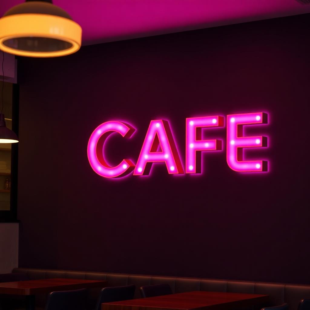 Letras 3D iluminadas con luz magenta en cafetería.
