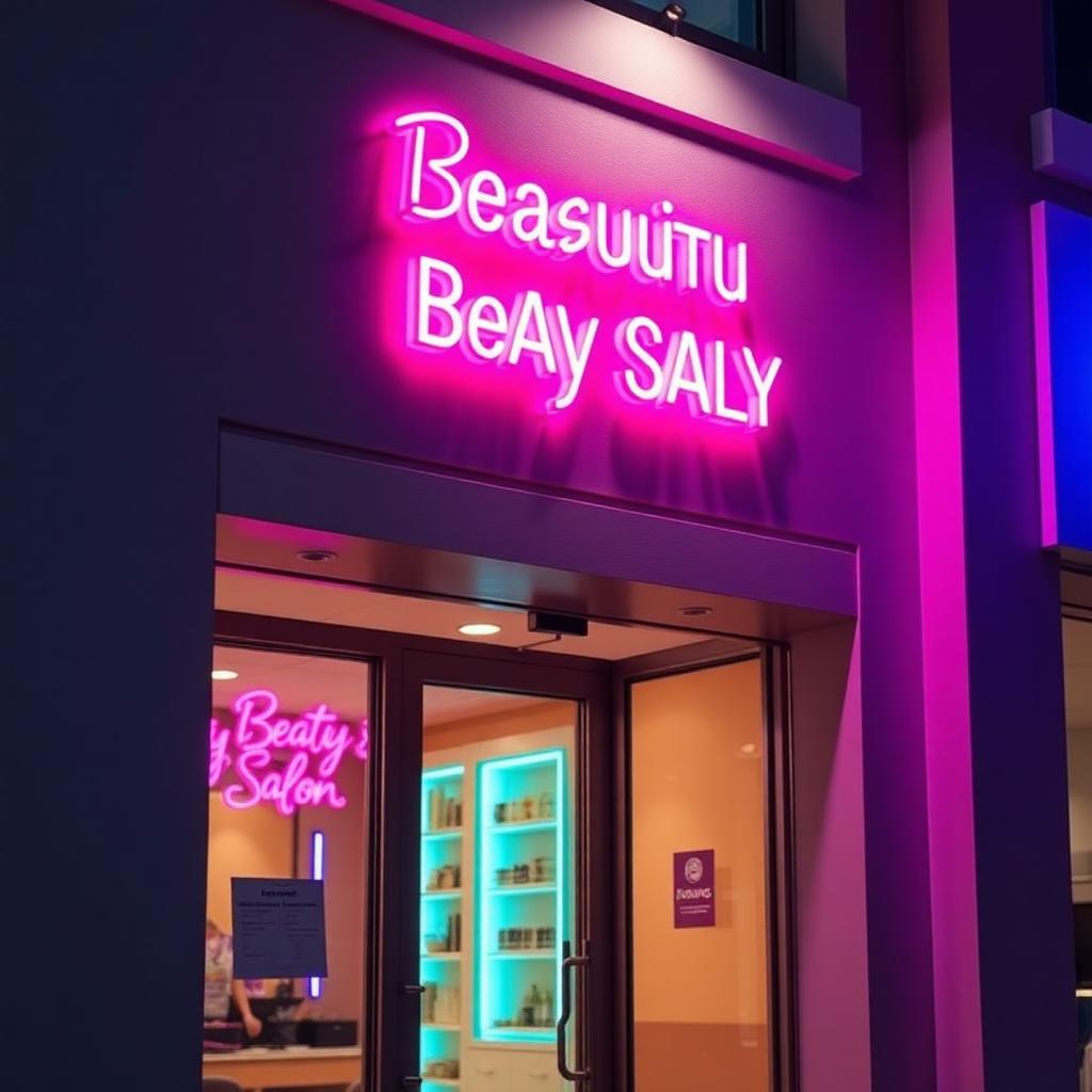 Salón de belleza con letrero luminoso violeta.