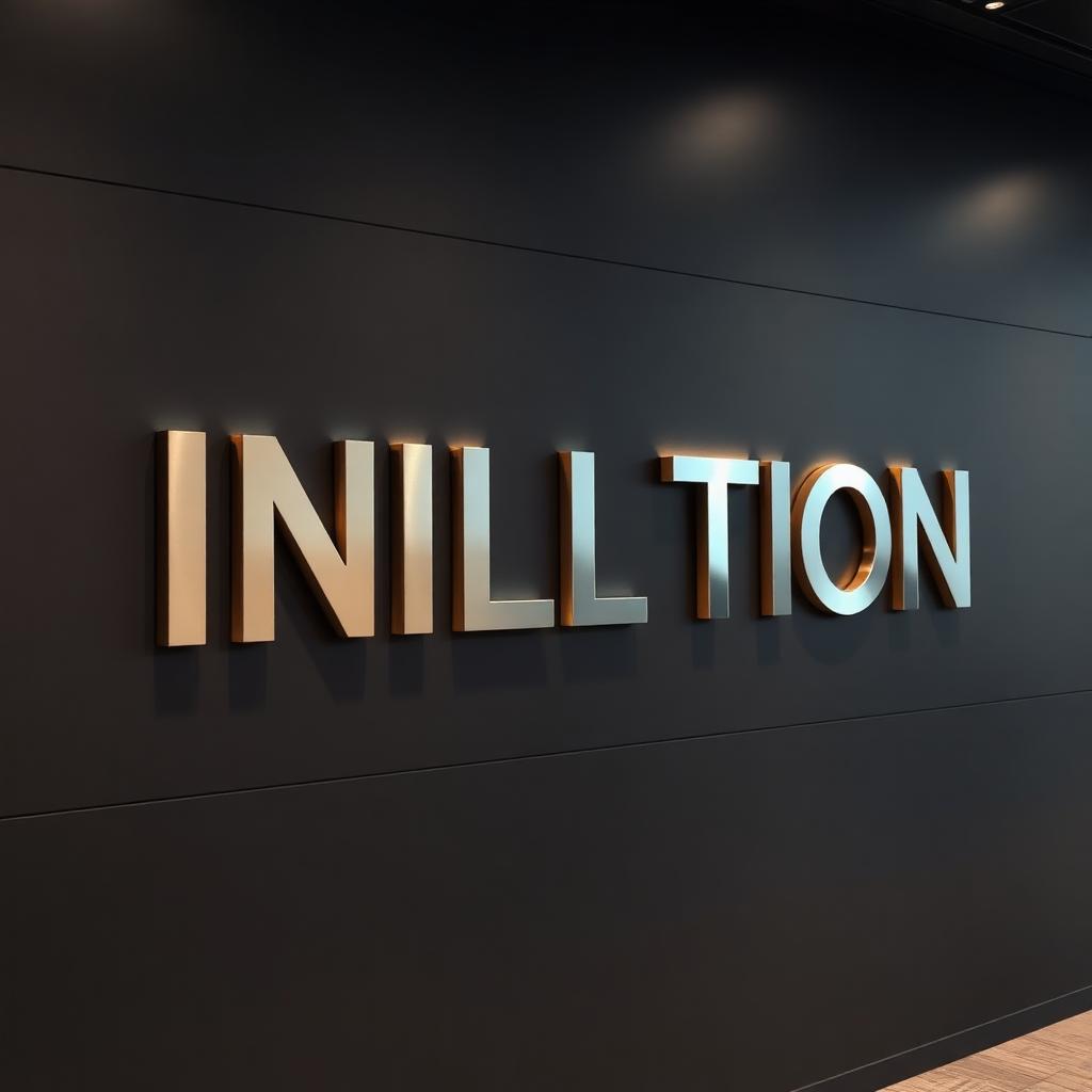 Letras en alto relieve metálicas en recepción corporativa.