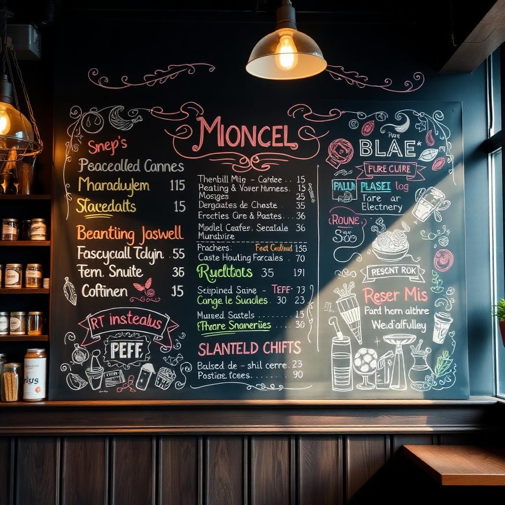 Pizarra decorativa con menú en cafetería moderna.