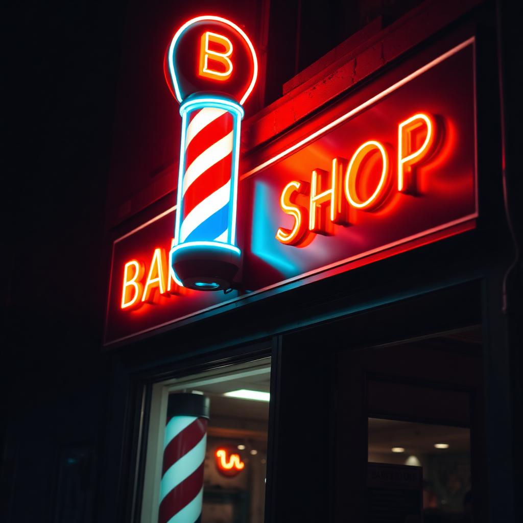 Barbería con letrero neón en fachada de noche.