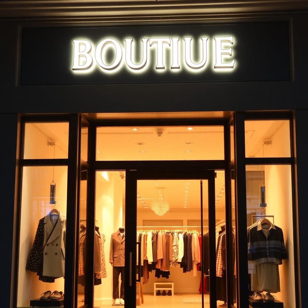 Boutique de ropa con letras iluminadas en entrada.