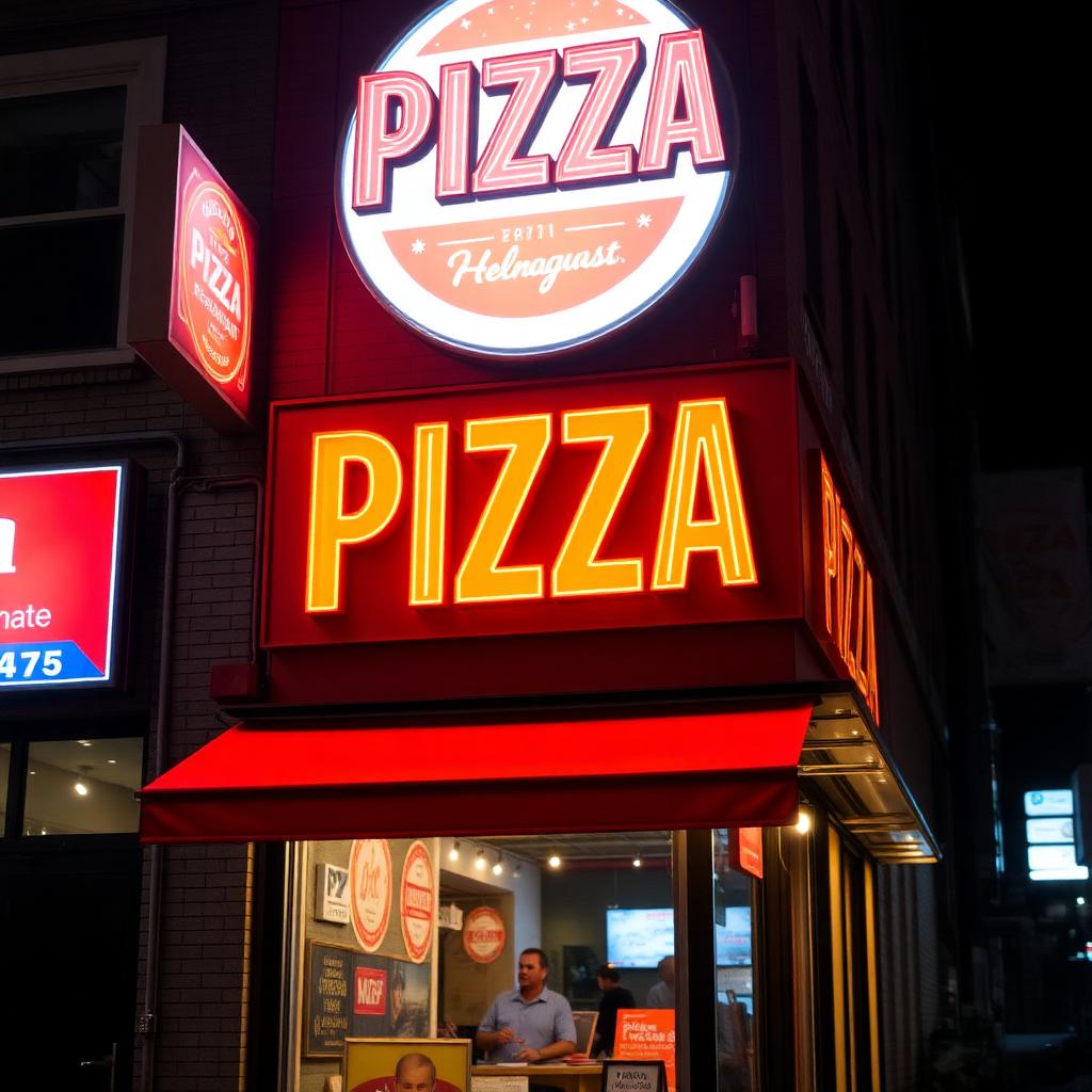 Restaurante de pizza con doble letrero luminoso vibrante.